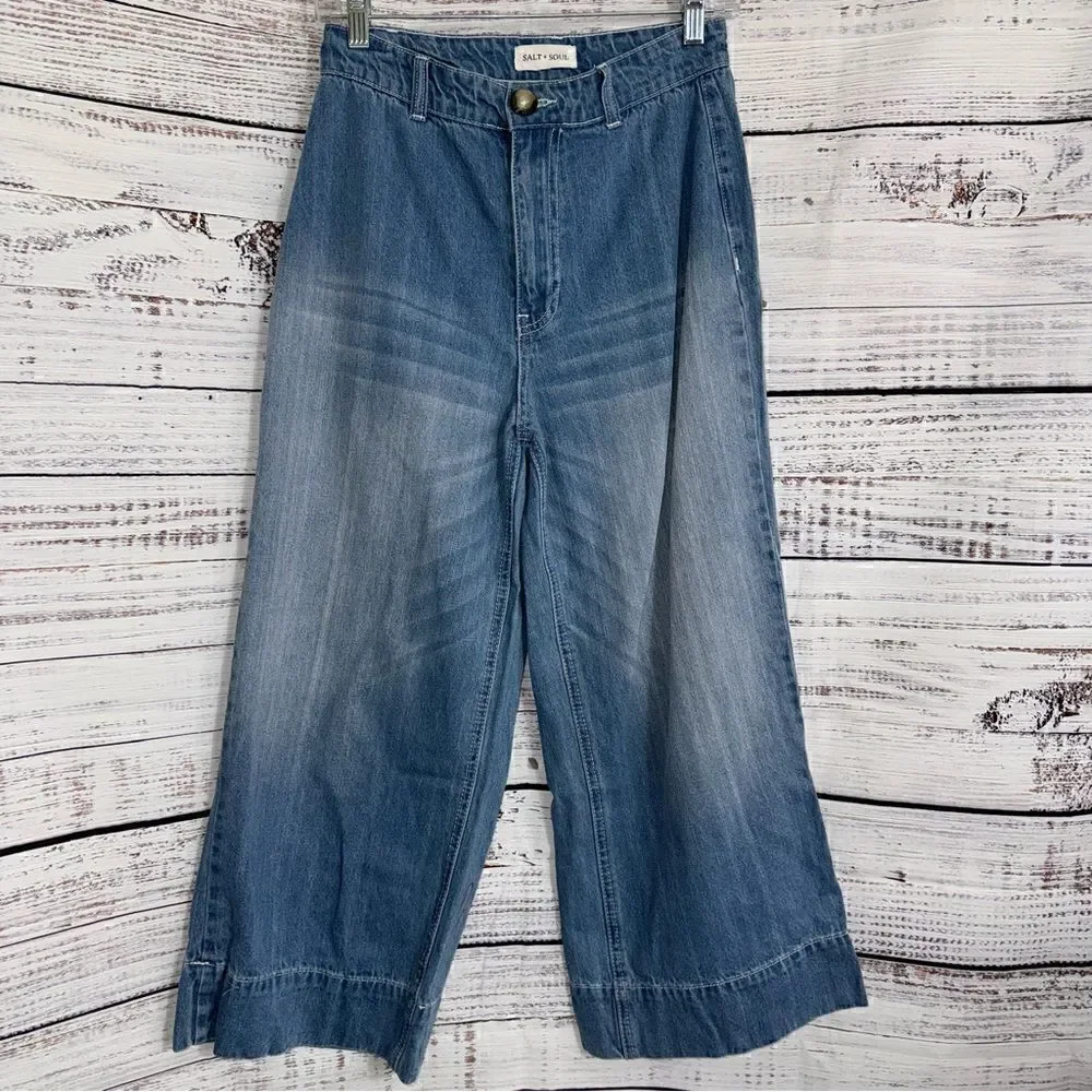 Salt + Soul jeans Womens Size Small High Rise Wide slouchy Leg Blue Cropped Boho